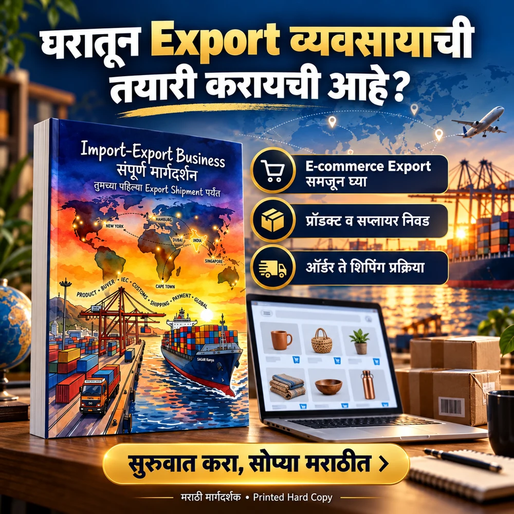 घरातून तयारी. जगभराच्या संधींची ओळख. E-commerce Export ची ओळख, प्रॉडक्ट आणि सप्लायर निवड, ऑर्डरपासून शिपिंगपर्यंतची प्रक्रिया