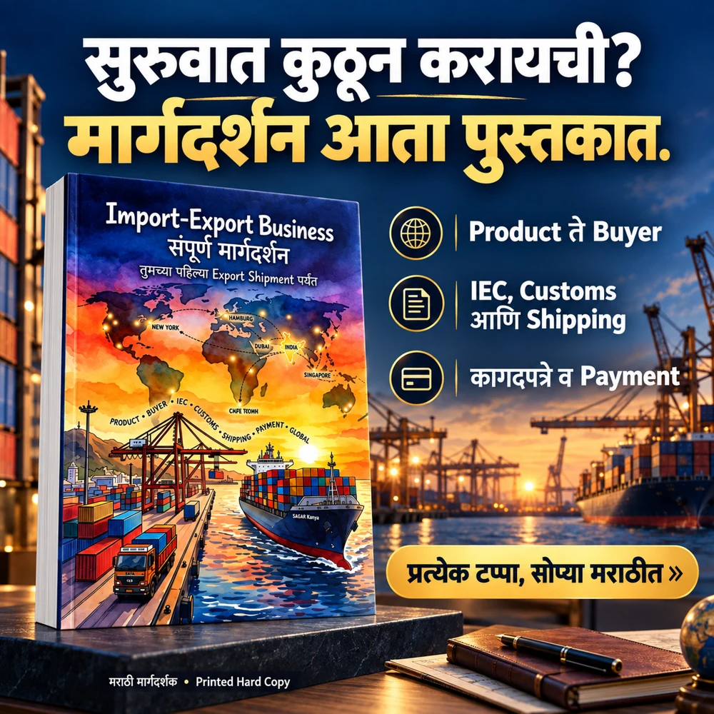 सुरुवात कुठून करायची? Product ते Buyer, IEC, Customs, Shipping आणि Payment — मराठी पुस्तकातून मार्गदर्शन.